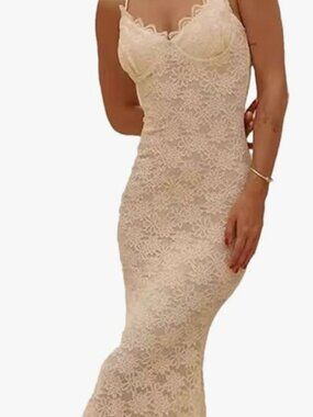 Winsor Champagne/Creme Lace Sleeveless Cocktail, Formal Sexy Party Dress S